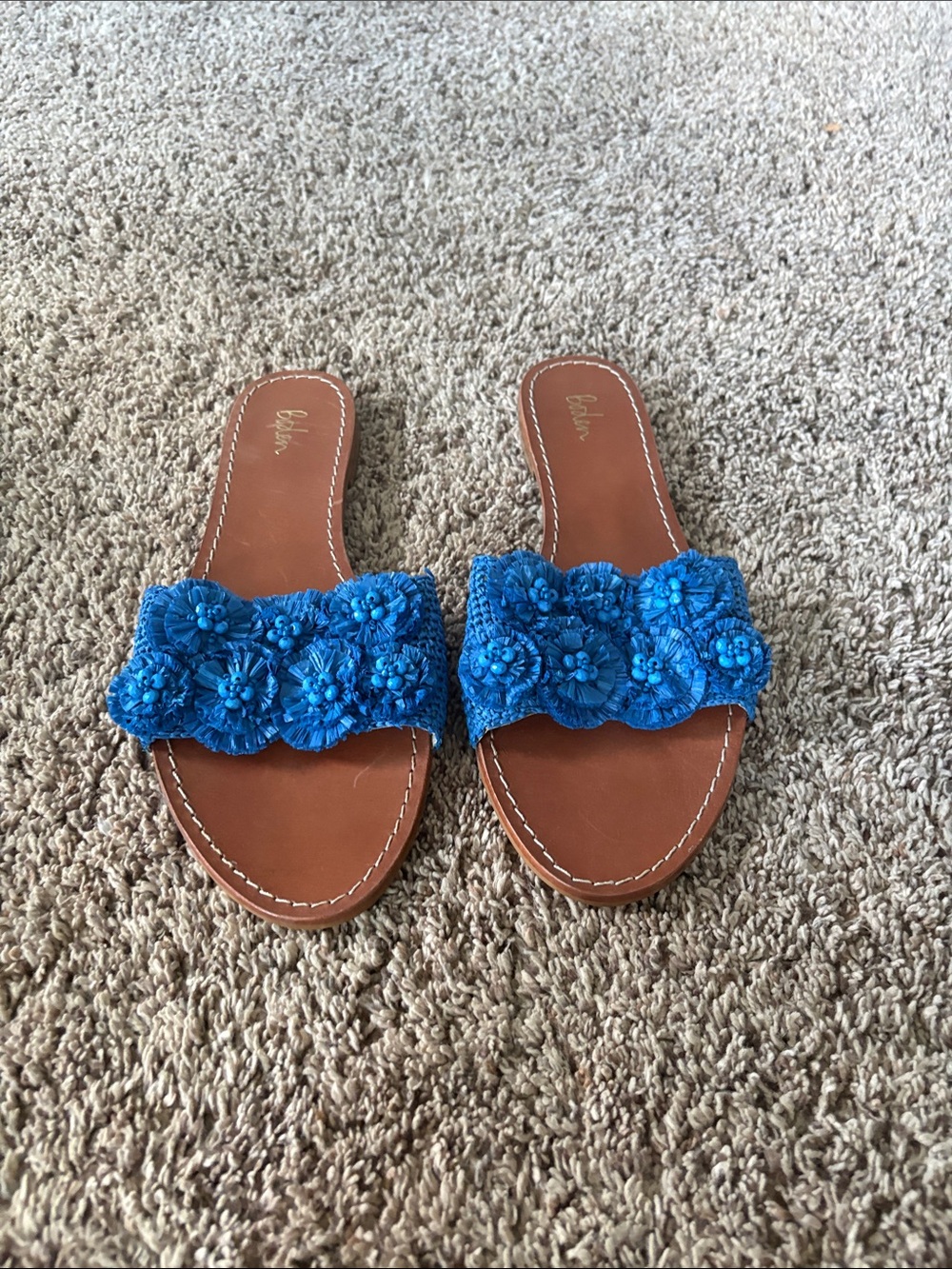 Boden Blue Floral Applique Slide Sandals